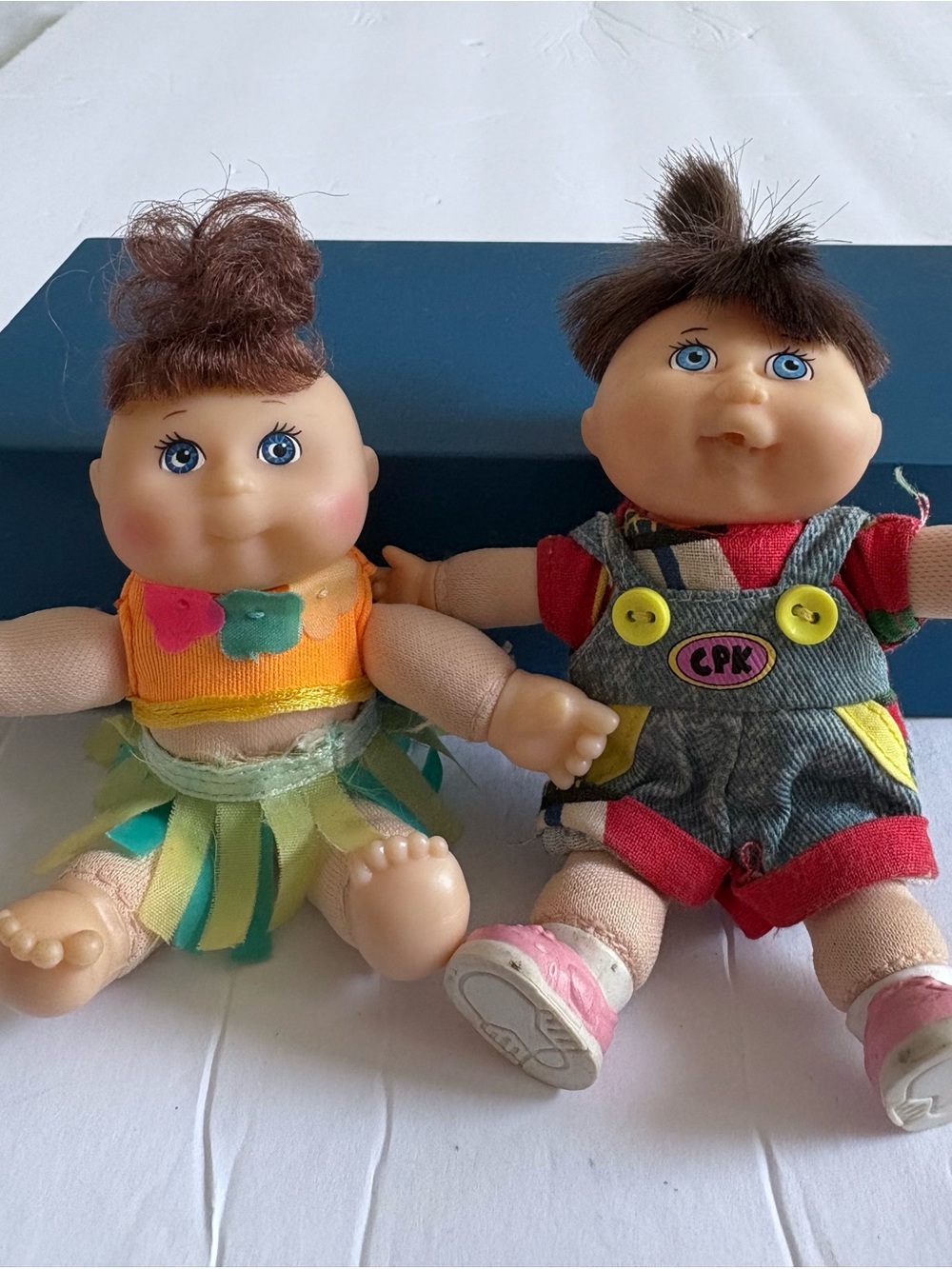 Vintage 1995 Mattel CPK Twin Dolls in Orange, Green & Denim-Style Outfits